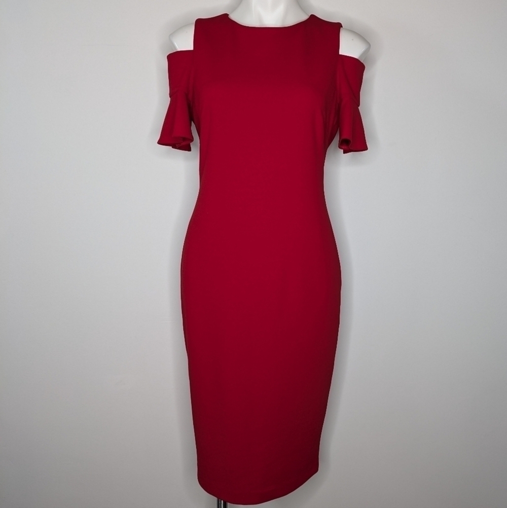Calvin Klein red gold short sleeve cold shoulder sheath dress 6 - Picture 2 of 9